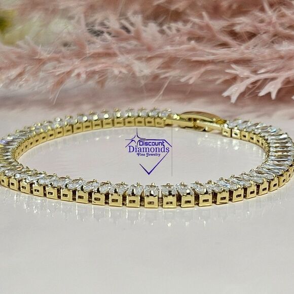 White Rectangular 8 mm Topaz Tennis Bracelet 14K Gold - Picture 9 of 10